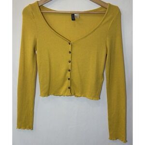 Dividend Y2K Womens Cottagecore‎ Deep V Button Front Cropped Cardigan Top Yellow